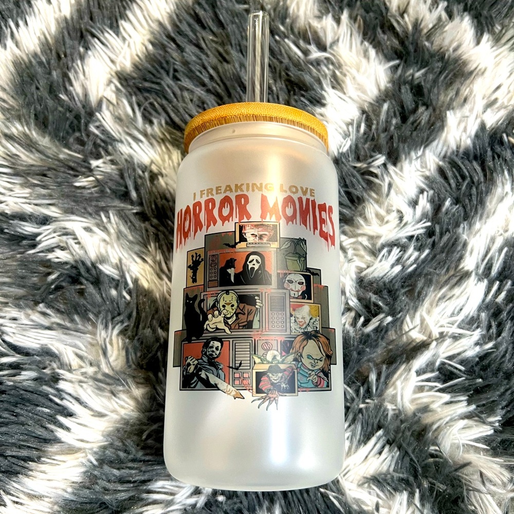 Horror movies glass cup with glass straw. Bamboo lid. NWOT custom